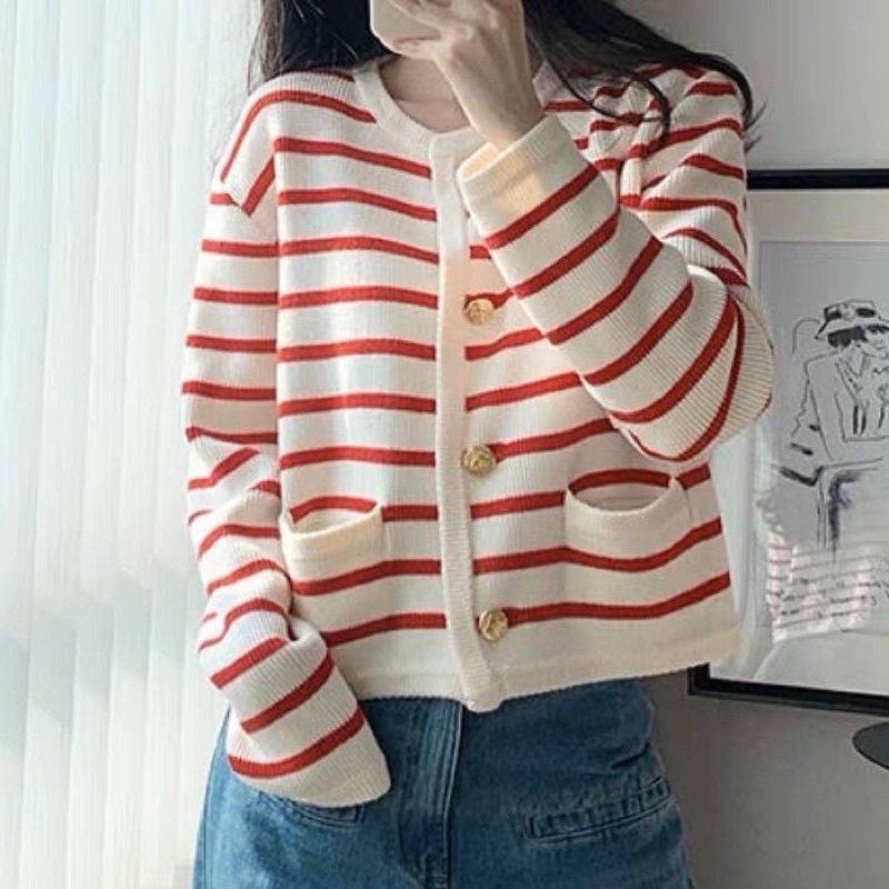 Áo Len Cadigan Kẻ Ngang Quảng Châu loại 1  Áo Khoác Len Cardigan Thu Đông