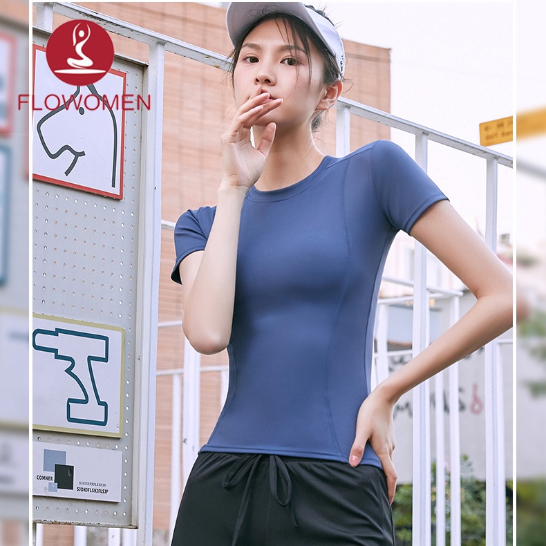 FLOWOMEN Áo tập gym yoga nữ Áo Thun Thể Thao Ngắn Tay Ôm Dáng Thời Trang Cho vải cao cấp co giãn 4 chiều thấm hút mồ hôi tốt Chạy thể dục tập thể dục đi xe đạp Đen xanh hồng xám tím