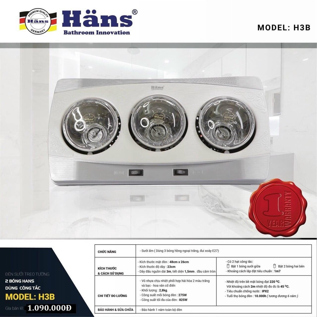 Đèn sưởi nhà tắm Hans 2 bóng H2B, 3 bóng H3B
