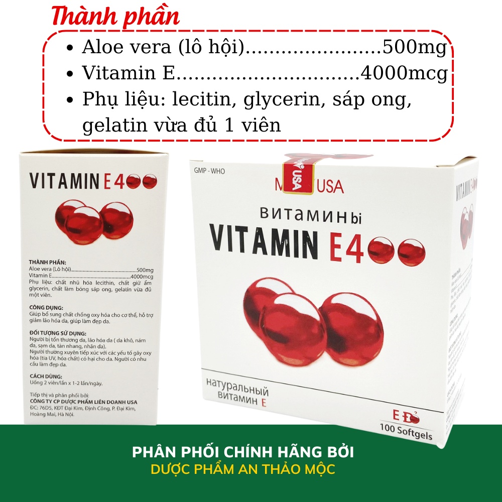 Vitamin E đỏ 400 Mediusa giúp giảm oxy hóa mờ thâm sạm nám tàn nhang ngăn lão hóa cân bằng nội tiết tố hộp 100v