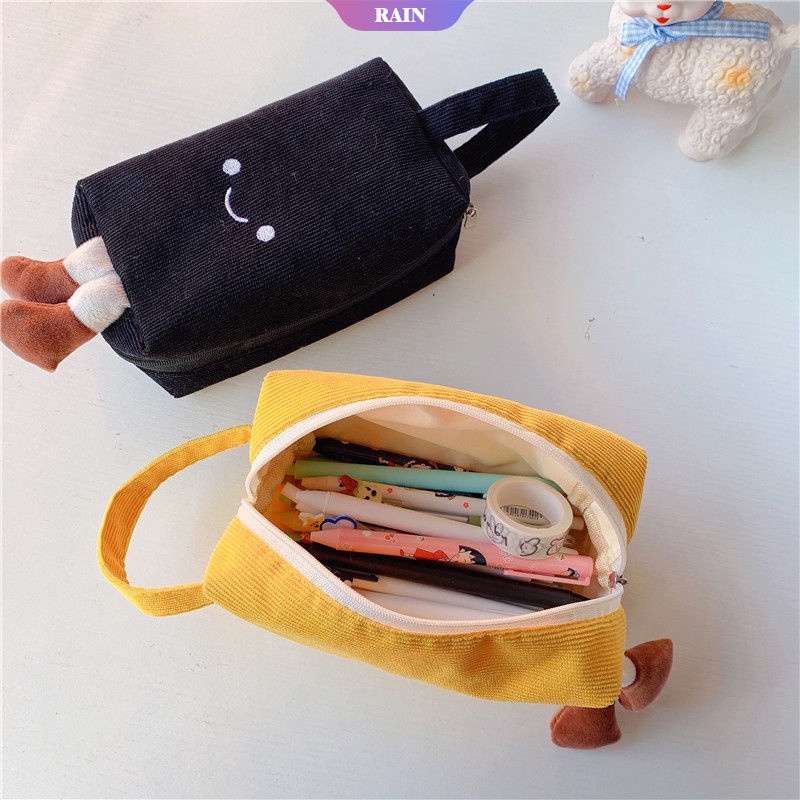 Túi Đựng Bút Chì Trang Điểm Cầm Tay Sức Chứa Lớn Lõi Nhung Kẻ Thêu Hình Mặt Cười Màu Vàng Đen Phối Khóa Kéo Dễ Thương Sáng Tạo Cho Học Sinh [RAIN]