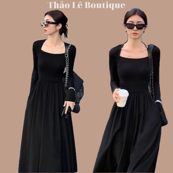 Váy Thun Dài Tay Nữ Dáng Dài Qua Gối Cổ Vuông Phối Chân Xòe Có Túi Màu Đen Trơn - Hl