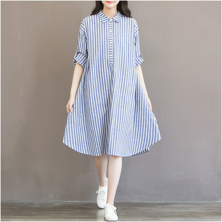 Plus Đầm Sơ Mi Cotton Kẻ Sọc Dọc Dáng Rộng Thời Trang Mùa Hè Cho Mẹ Bầu bigsize váy bầu váy nữ thu đông váy bầu thu đông đồ bầu váy đầm váy nữ váy dài váy xuông đầm bigsize váy đen váy bầu thu đông đầm xinh