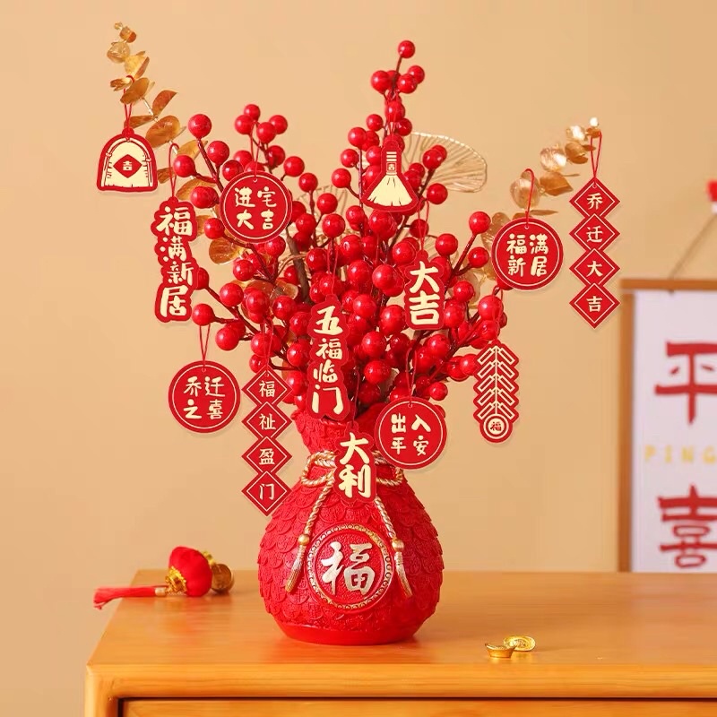 Bình hoa hình túi tiền đào đông đỏ may mắn tết 2024