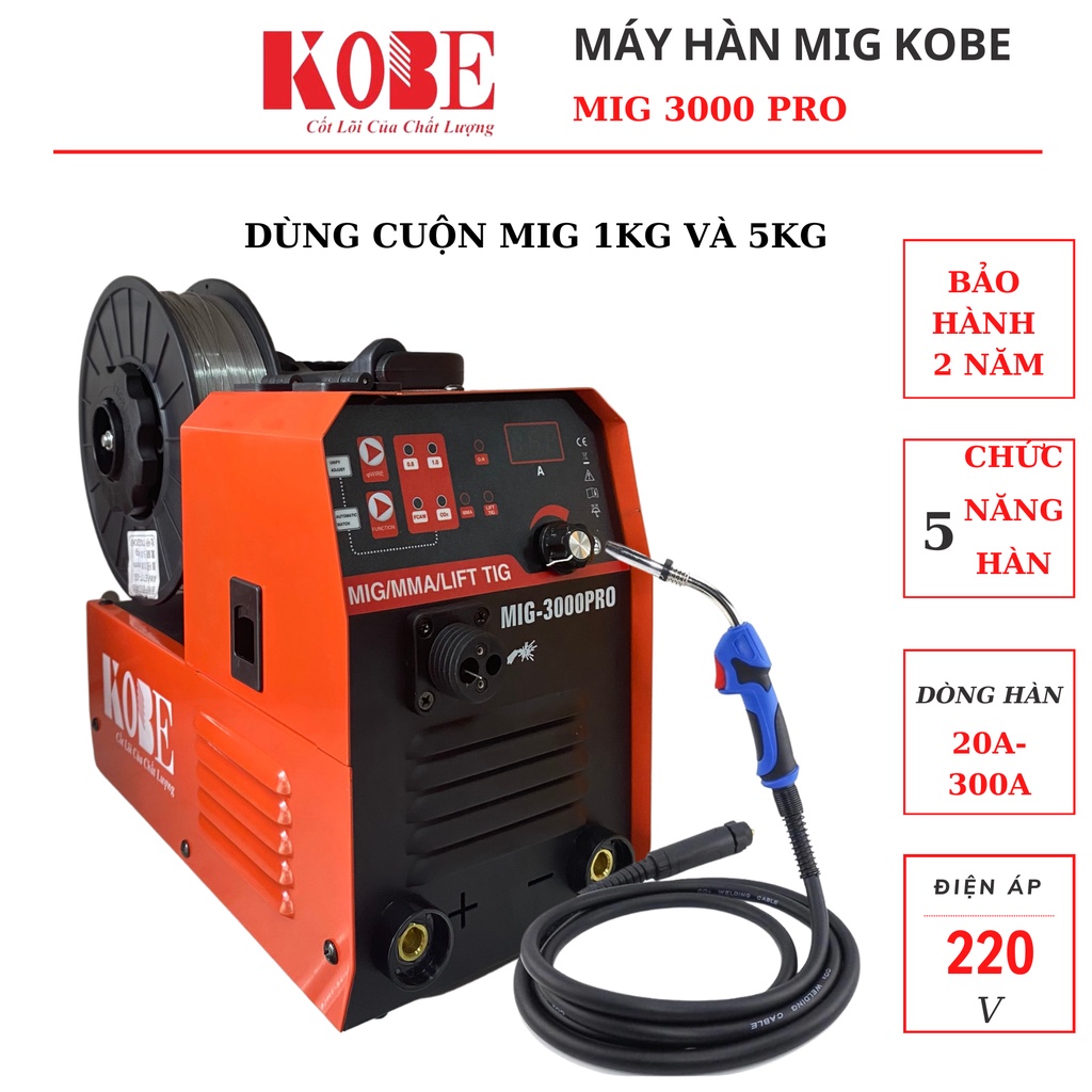 Máy hàn mig Nhật không dùng khí 5 chức năng KOBE 3000 PRO sử dụng cuộn dây hàn mic 1kg và 5kg
