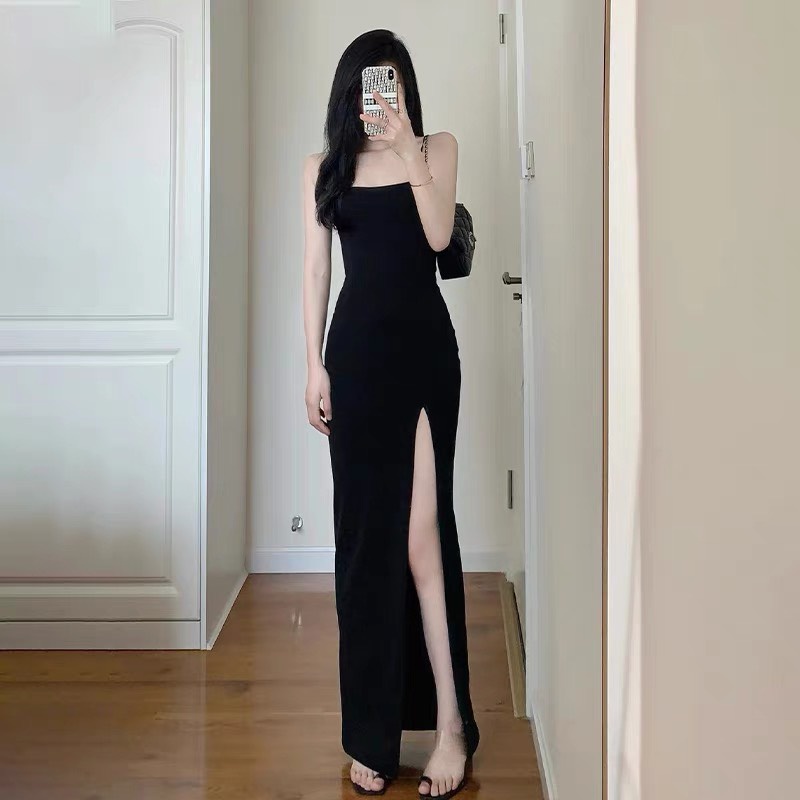 (ORDER) Váy hai dây màu đen dáng dài ôm body xẻ tà hở chân dài tôn dáng gợi cảm style retro Hàn Quốc (hàng loại 1)