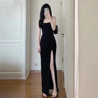 (ORDER) Váy hai dây màu đen dáng dài ôm body xẻ tà hở chân dài tôn dáng gợi cảm style retro Hàn Quốc (hàng loại 1)