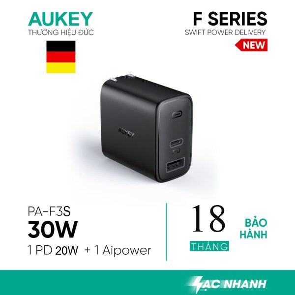 Củ Sạc Siêu Nhanh AUKEY 2 Cổng PA-F3S 32W, Cổng Type C Power Delivery 20W, Cổng USB-A Air Power 12W - Hàng Chính Hãng