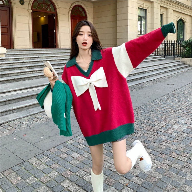 Áo Sweater Màu Đỏ Phong Cách Hàn Quốc Thời Trang Thu Đông Cho Nữ