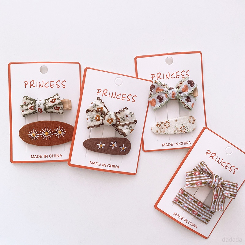 Set 2 Kẹp Tóc Đính Nơ Thêu Họa Tiết Dễ Thương Cho Bé Gái