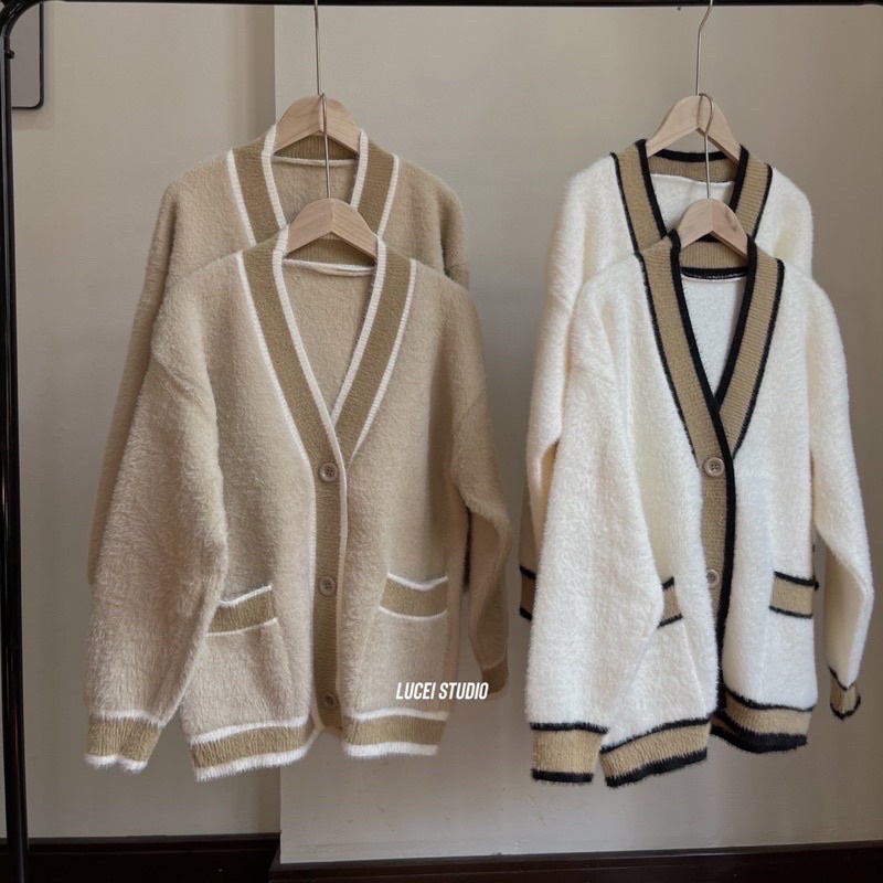 Áo khoác len cadigan lông thỏ pha viền phong cách ulzzang Hàn Quốc