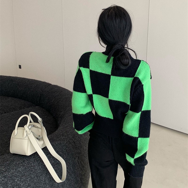 Áo Dệt Kim Tay Dài Cổ Đứng Có Khóa Kéo Họa Tiết Sọc Caro Phong Cách Hàn Quốc Thời Trang Cho Nữ