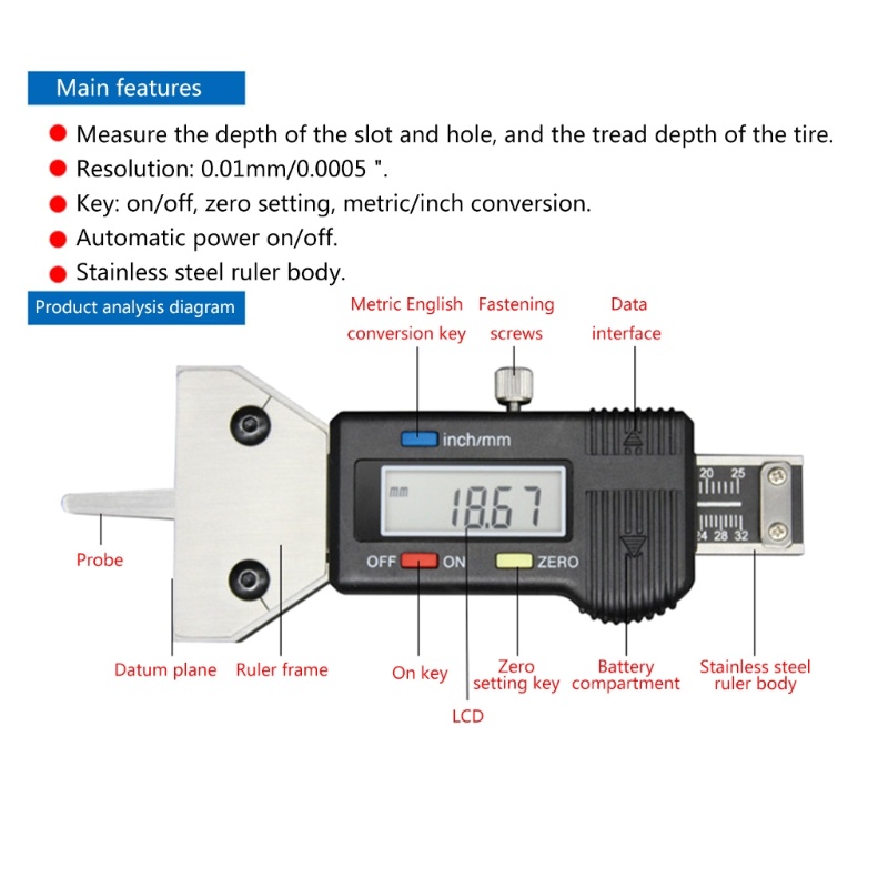 Máy Đo Độ Sâu Lốp Xe Có Màn Hình LCD Hiển Thị mm / inch