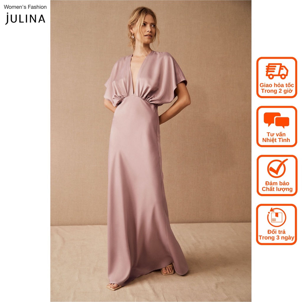 Đầm maxi cổ chữ v satin màu hồng đậm sang trọng dự tiệc SachinandBabi - jf669