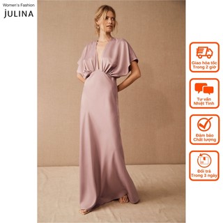 Đầm maxi cổ chữ v satin màu hồng đậm sang trọng dự tiệc Julina - jf669