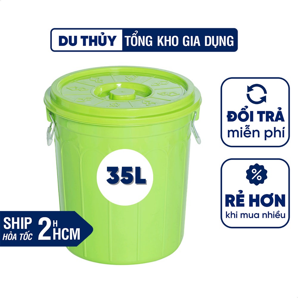 Xô nhựa lớn đựng nước có nắp 35L, thùng đựng gạo chất liệu nhựa PP chính phẩm - thương hiệu Việt Thành