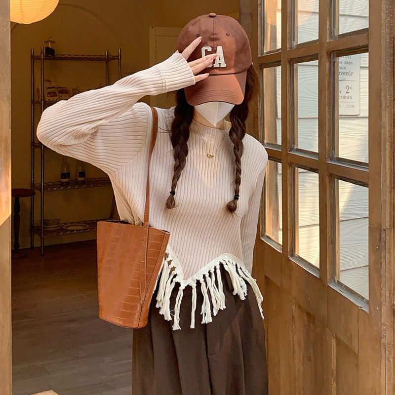 Áo Dệt Kim Dáng Rộng Phối Tua Rua Thời Trang Mùa Thu Hàn Quốc Hàng Mới Dành Cho Bạn Nữ