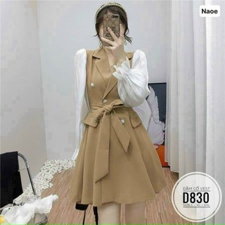 Đầm cổ vest tay dài cột dây eo - t9000