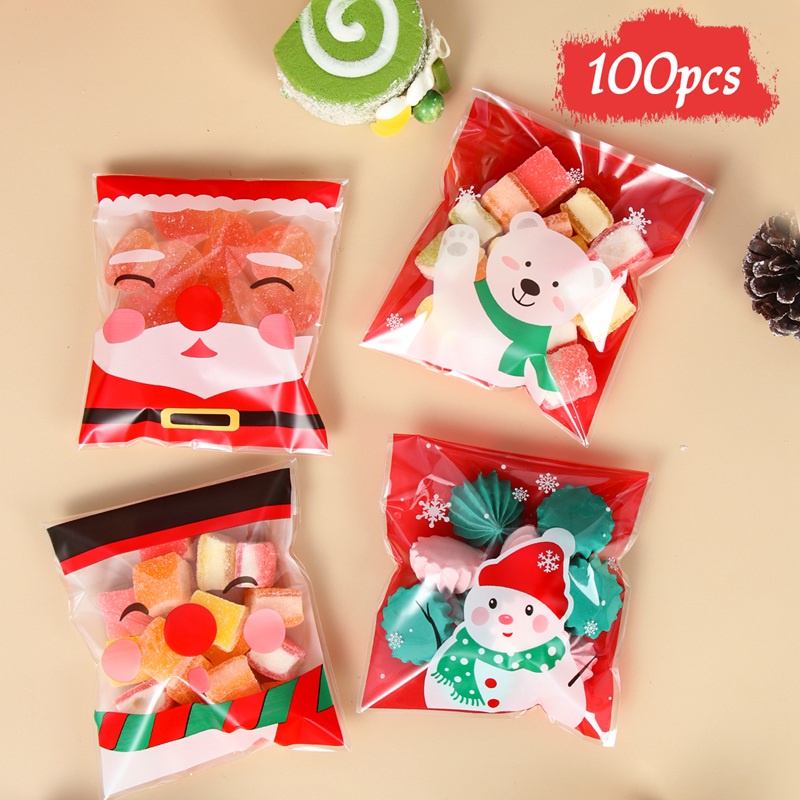 Set 100 Túi Đựng Bánh Kẹo Tự Dính Trang Trí Tiệc Giáng Sinh Năm Mới