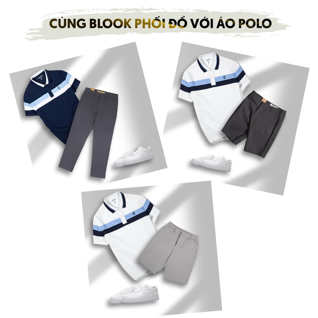 Áo polo nam BLOOK cổ bẻ vải thun cá sấu cotton phối sọc phá cách thêu BS, xuất xịn, trẻ trung, thanh lịch mã 35521