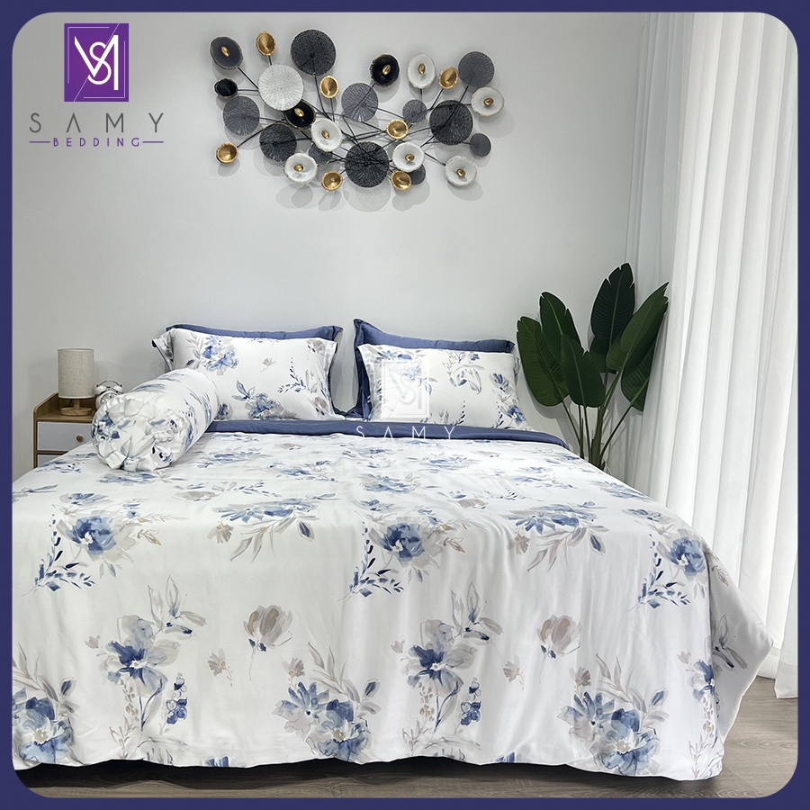 Bộ Chăn Ga Gối Lụa Tencel Coolsilk SAMY BEDDING Cao Cấp Mềm Mịn Thoáng Mát Màu Trắng Xanh Sang Trọng