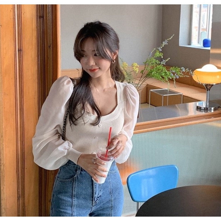 Áo dệt kim QKOOLE tay phồng cổ tròn phong cách Hàn Quốc thanh lịch dành cho nữ