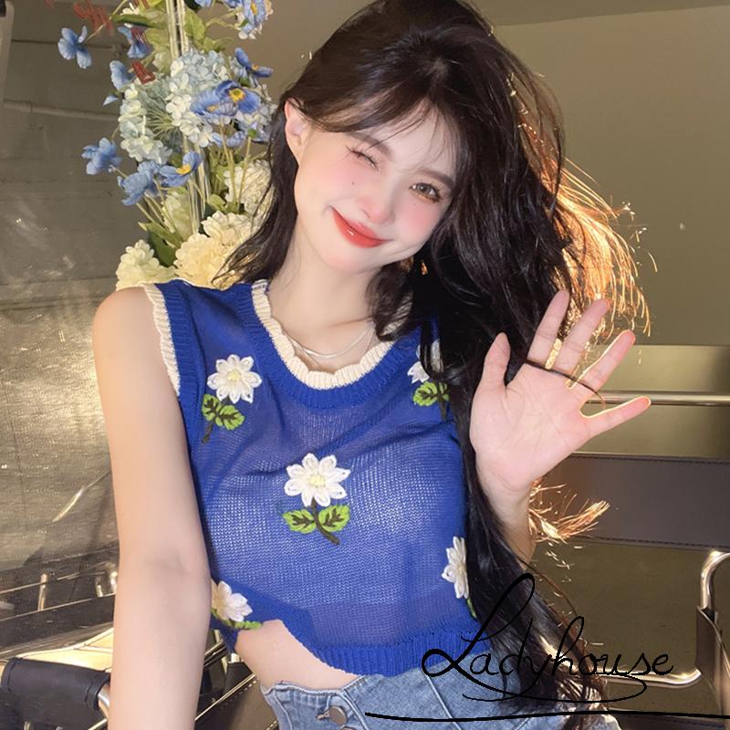 Áo Tank Top Dệt Kim Không Tay Cổ Tròn Nhìn Xuyên Thấu Thời Trang Mùa Hè Cho Nữ