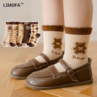 LJMOFA KDIS 5 cặp cô gái 1-12 tuổi vớ bông gấu hình vuông cổ điển lace vớ cô gái vớ hấp thụ mồ hôi mềm mại và ấm áp thoải mái cao su trẻ em học sinh vớ vớ trẻ em bán buôn