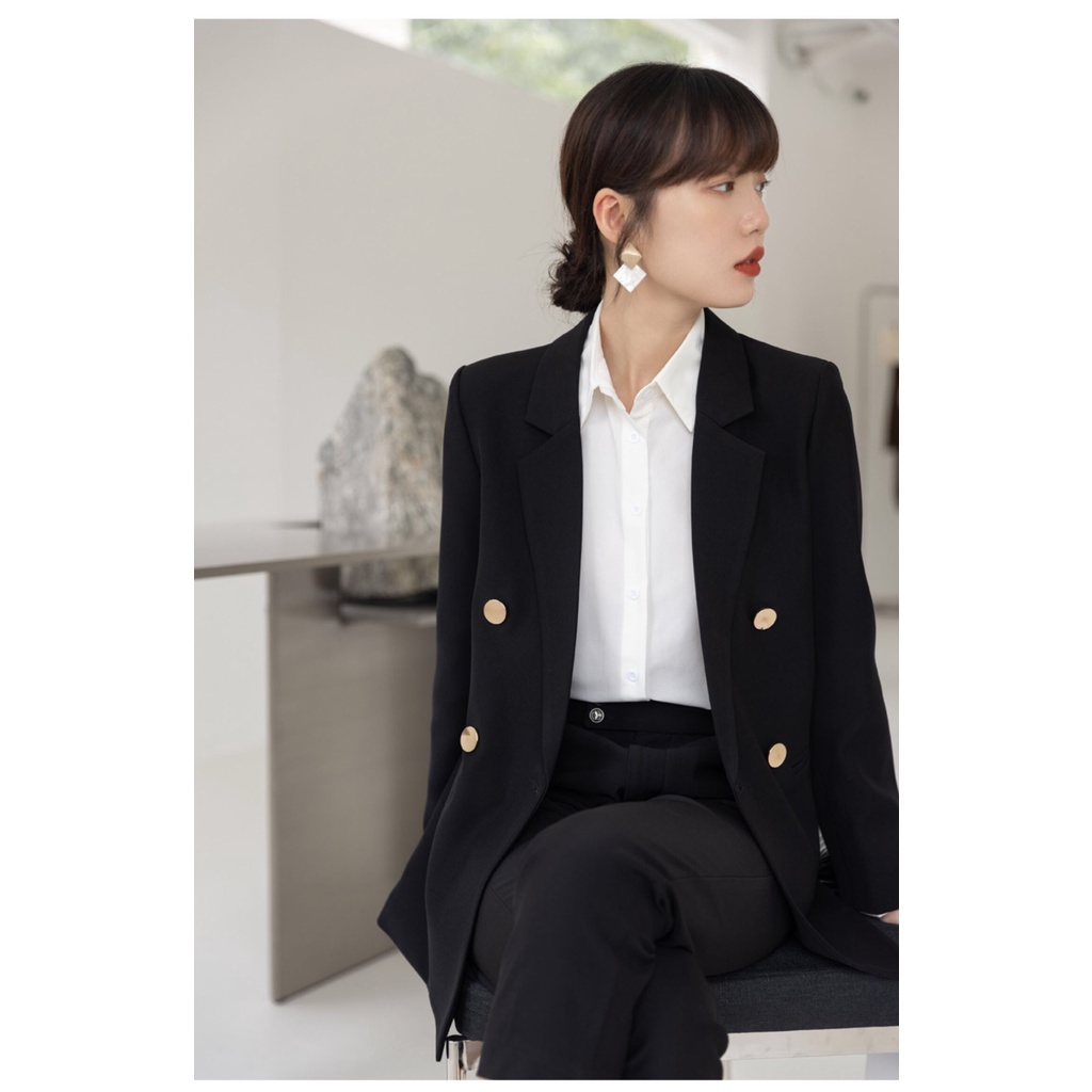 Áo khoác vest blazer nữ 2 lớp cúc đồng, hàn quốc, dáng dài, cao cấp