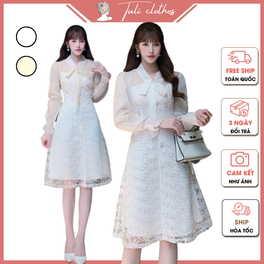 Váy thiết kế ren trắng cổ nơ tay dài phối voan | TK70 | Tuli clothes - shop quần áo nữ