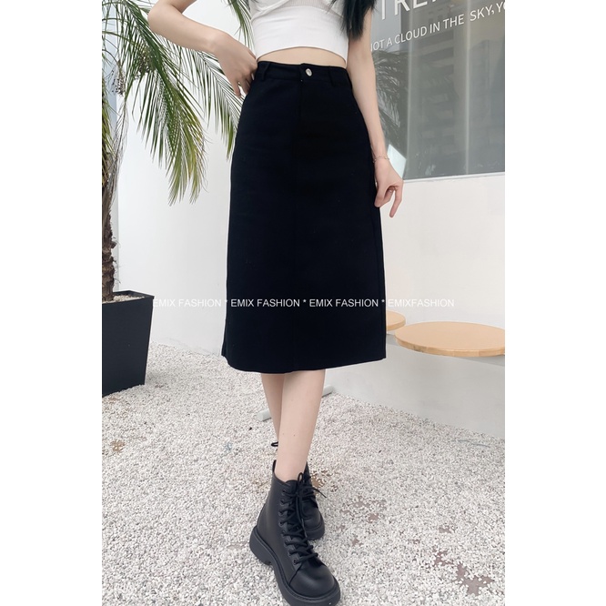 Chân váy jean chữ A xẻ sau EMIX, midi,cạp cao, khóa trước, dáng dài CVjean6701