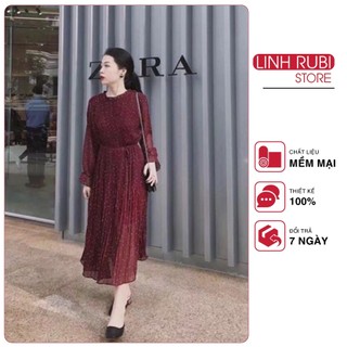Đầm maxi LINH RUBI váy dáng suông rộng 2 lớp tay dài thân dập li kèm dây đai eo V690