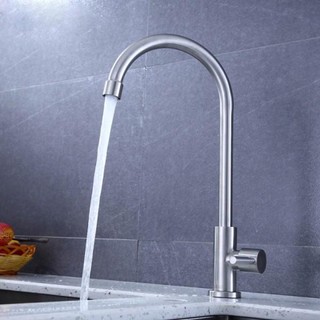 Vòi Chậu Rửa Bát Đơn Lạnh Inox SUS 304 Cần Tròn Cứng, Xoay 360 độ - TẶNG KÈM DÂY CẤP
