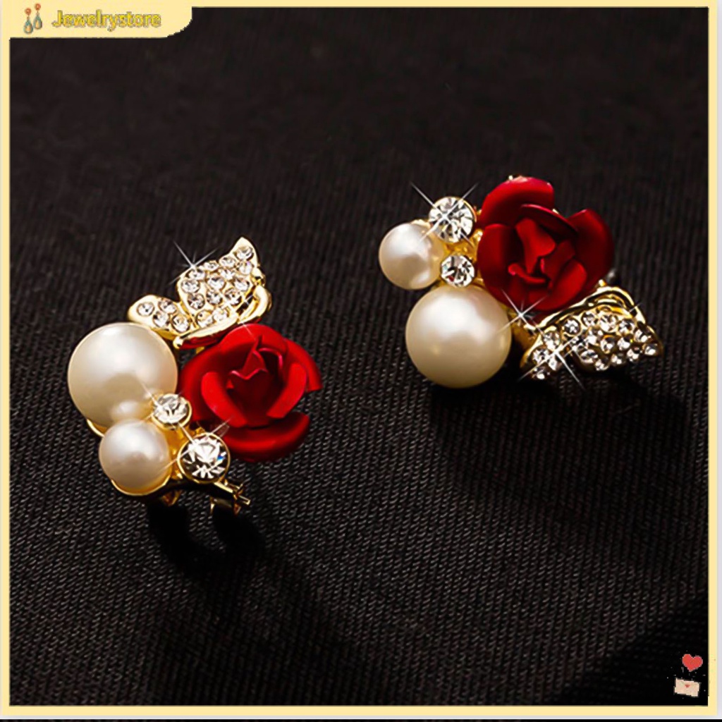 Khuyên tai hình hoa hồng đính ngọc trai xinh xắn