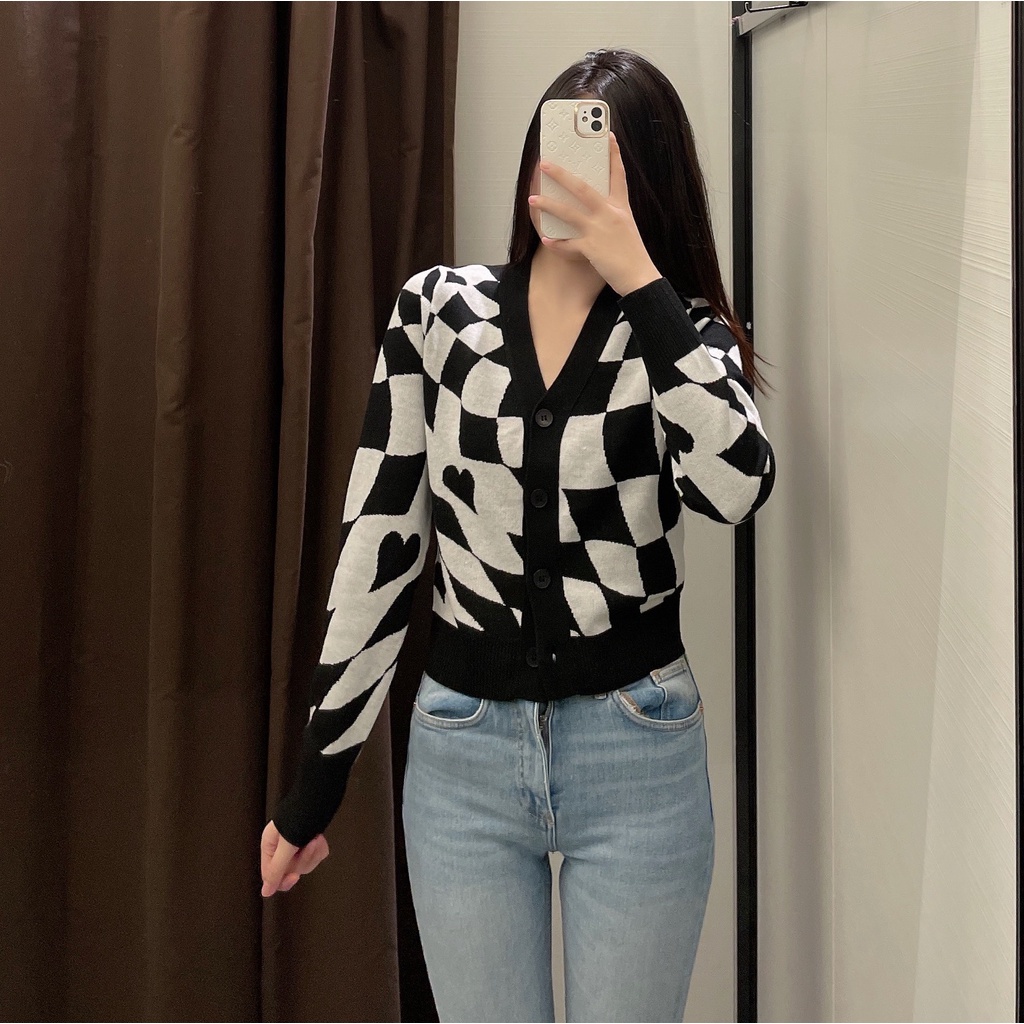 Áo Khoác Len Cardigan Cổ Chữ V Dáng Ôm Họa Tiết Trái Tim Đính Đá Thời Trang Zara 2022