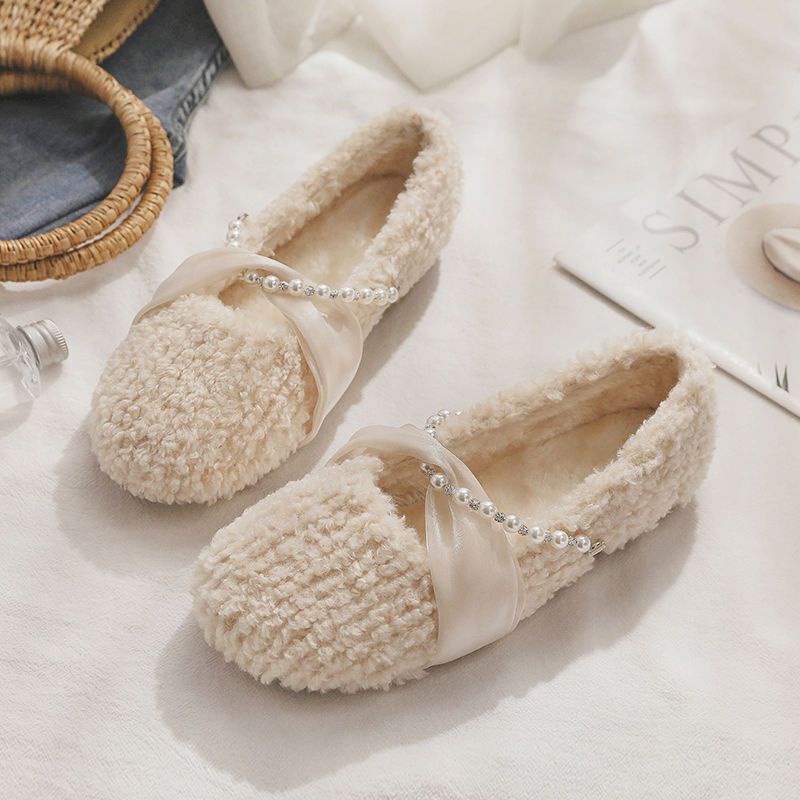 Giày Đế Bằng Phối Lông Nhung Dễ Thương Xinh Xắn Dành Cho Nữ