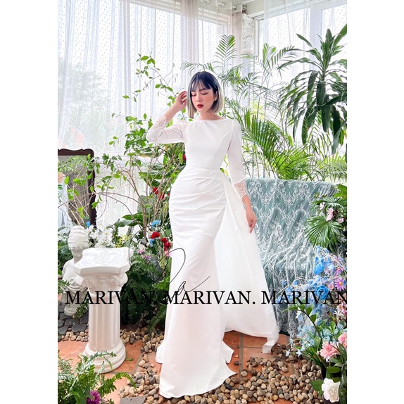 Đầm cưới MARIVAN đuôi cá xẻ đùi viền đăng ten siêu xinh
