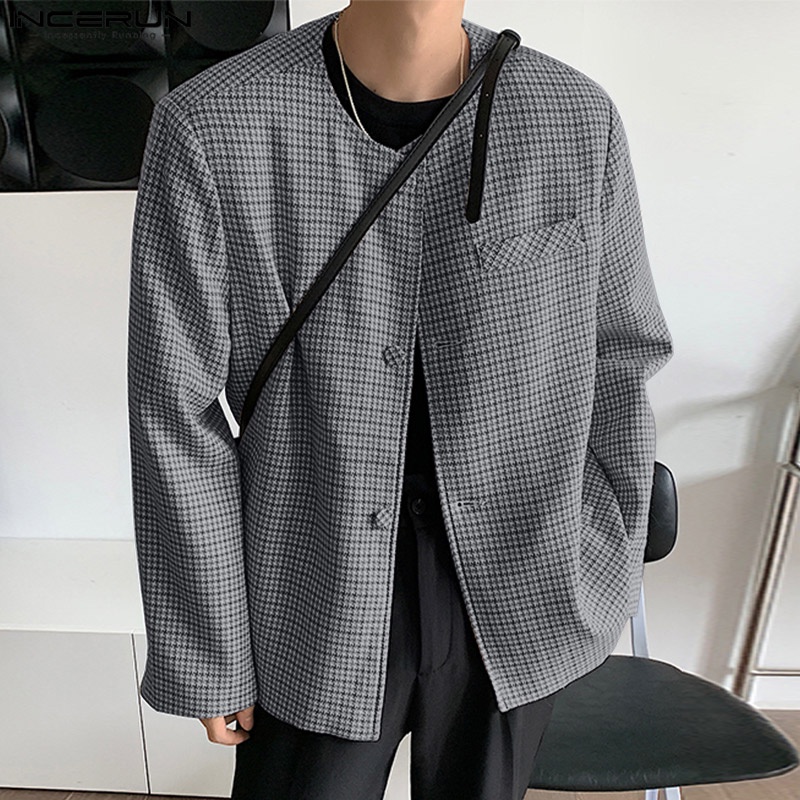 Áo khoác cardigan INCERUN tay dài cài khuy họa tiết sọc caro phong cách retro thời trang cho nam