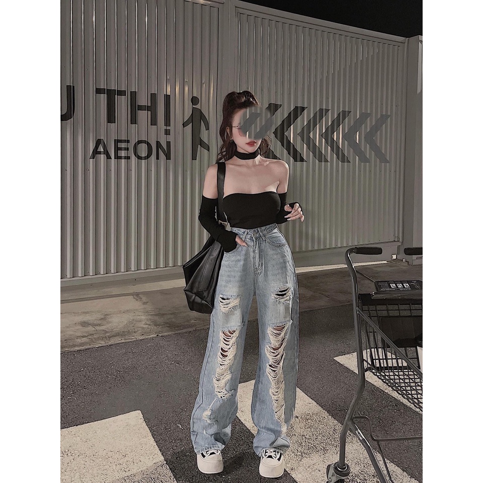 QUẦN JEANS ỐNG RỘNG NỮ LƯNG CAO RÁCH CÀO CHỮ NHẬT DÀI ĐÙI MÀU XANH NHẠT LAI CUỐN TÔN DÁNG CÁ TÍNH
