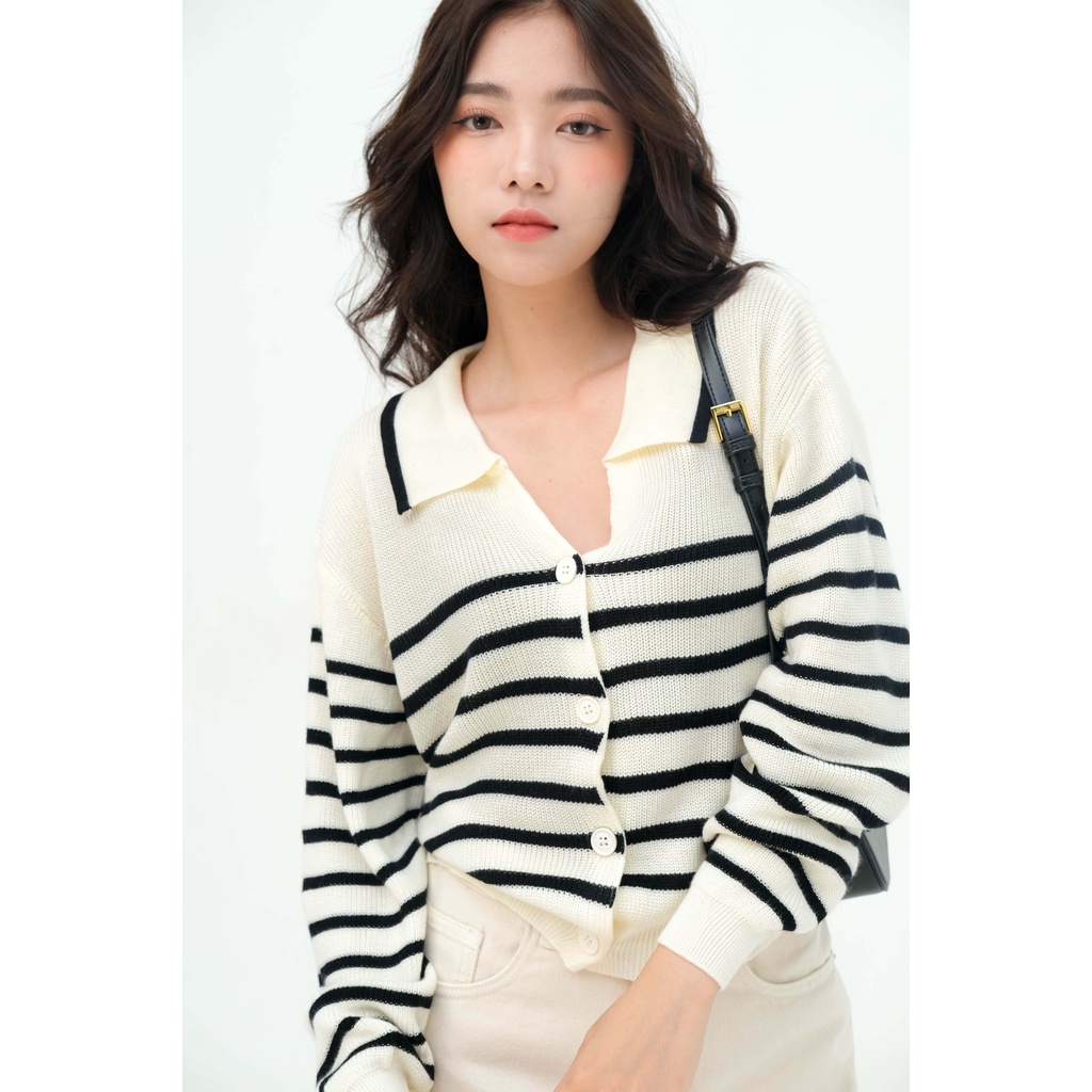 Áo len tay dài cổ polo kẻ sọc trắng đen LENCLOTHING 891800