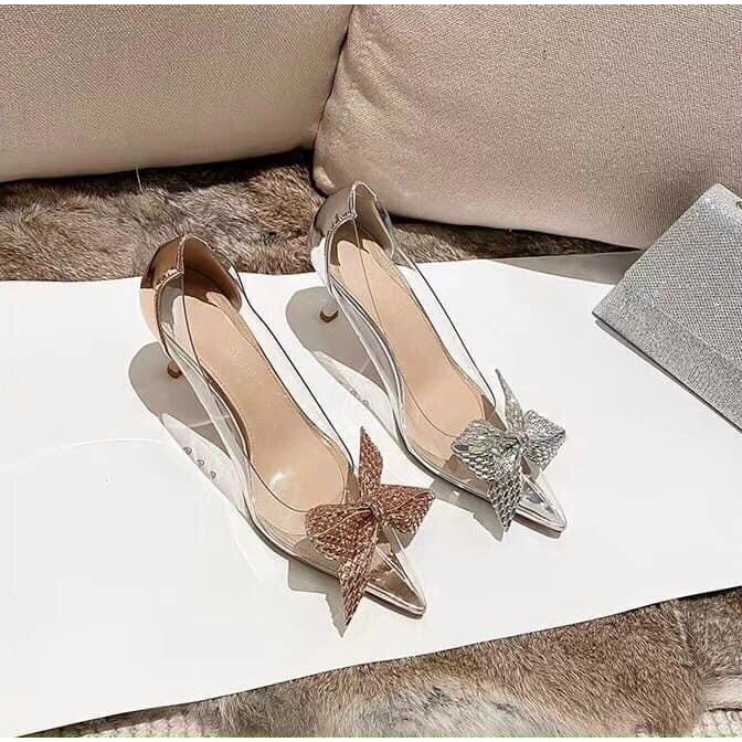 Giày cao gót nữ tiểu thư cao cấp phối nơ đá gót nhỏ 9cm cao cấp mã B56