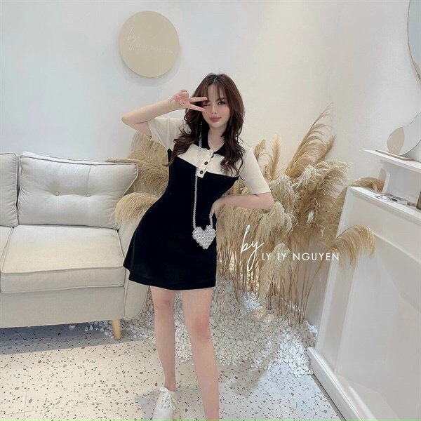 Đầm polo nữ, đầm thun đen cổ bẻ phối màu in gấu dáng suông đơn giản đi chơi dạo phố dễ thương