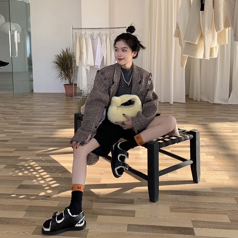 Giày sandal đế dày phối vải lông ấm áp thời trang thu đông dành cho nữ