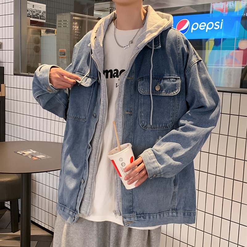 Áo khoác jean denim nam nữ unisex form rộng phối mũ kiểu layer K9, áo khoát jacket nam nữ có mũ trùm đầu cá tính 1386