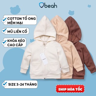 Áo khoác cho bé cao cấp Obeah, có khóa kéo, mũ liền thân, chất liệu cotton tổ ong quà tặng cho bé từ 0 đến 1 2 tuổi