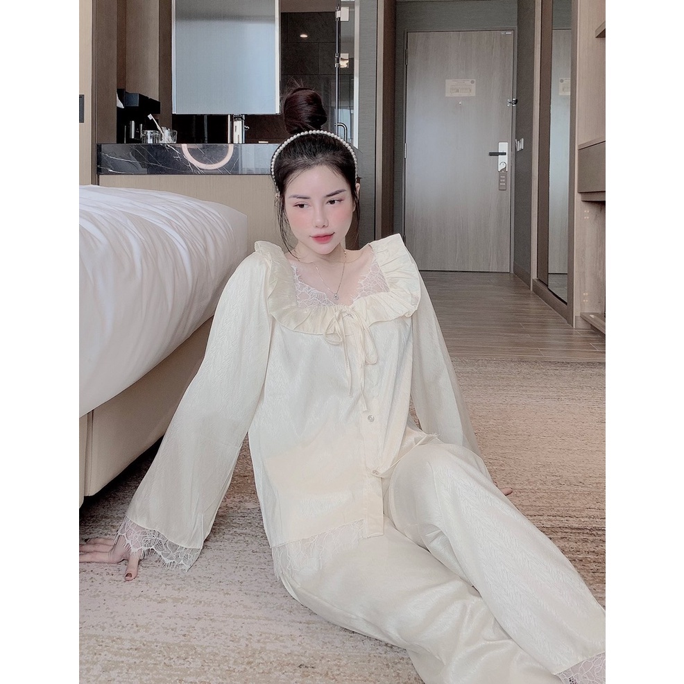Đồ Ngủ, Pijama Tiểu Thư Tay Dài Phối Ren Lụa Xước Xinh Xắn - Đồ Bộ Nữ Freesize