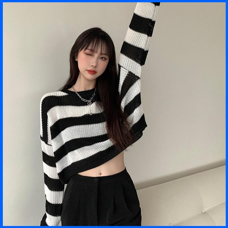áo len croptop tay dài Áo Sweater Chống Nắng Tay Dài Dáng Rộng Họa Tiết Kẻ Sọc Trắng Đen Thời Trang Mùa Hè Cho Nữ 75-150kg