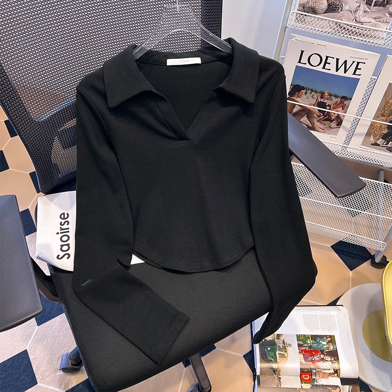 Áo Thun Crop Top Vải Cotton Tay Dài Màu Trơn Cổ POLO Thời Trang Mùa Thu Cho Nữ