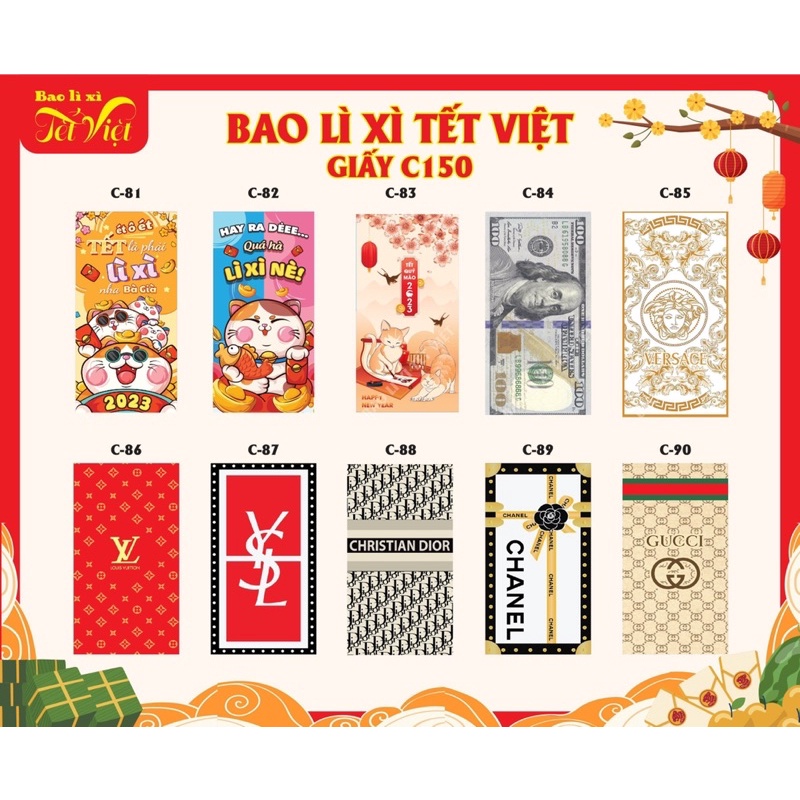 Bao lì xì 100 mẫu mới nhất 2024 - Túi 10 cái Mẫu truyền thống tặng kèm túi bóng kính