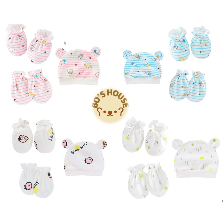 Set mũ bao tay bao chân sơ sinh cotton, set nón bao tay bao chân